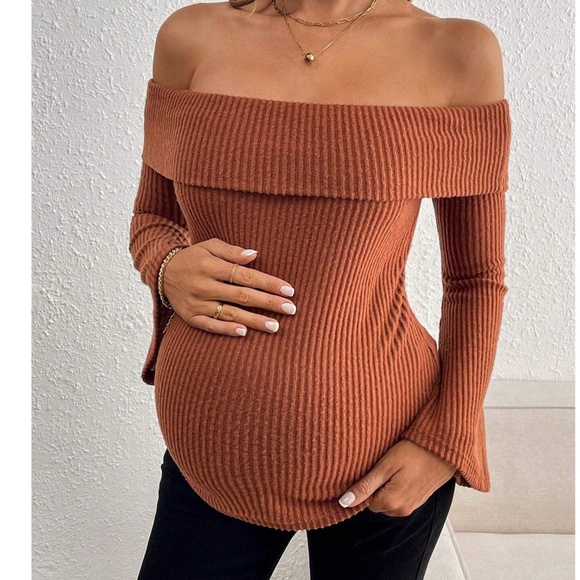 Maternity Ribbed Off Shoulder Flare Long Sleeve Top - Picture 1 of 10